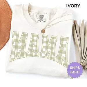 [Sale Up To 25%] Comfort Colors Green Gingham Mama Shirt, Checkered Mama Graphic Tee, Girly Aesthetic Gift For Mom, Cute Motherhood Apparel, Trendy Mama Top
