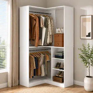 Homieasy Corner Walk-In Closet Organizer System Set, 36 Inch Large Freestanding Closet Organizer System with 2 Hanging Rods and Storage Shelves, Sturdy Walk-in Closet Tower, White Freestanding Closet with Drawers and Rod for Organized Storage