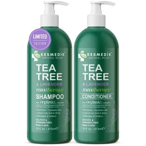 Kesmedik Tea Tree Lavender Shampoo & Conditioner Set with Mint & Rosemary, Cleanses, Cools & Soothes Dry, Itchy Scalp, Sulfate & Paraben-Free, For All Hair Types, 16 fl oz Each