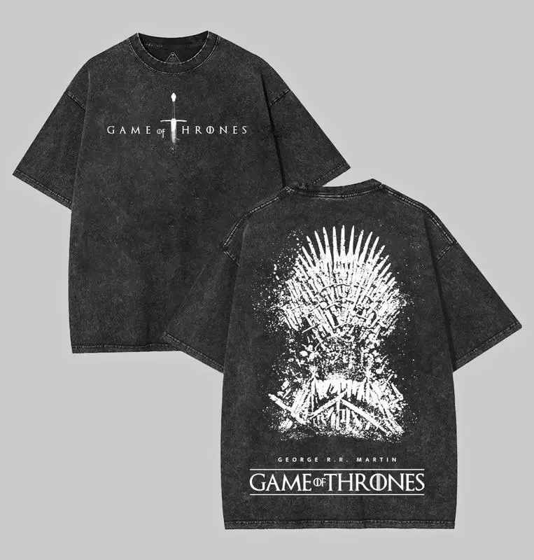Washed Black Game of Thrones Iron Throne Graphic Tee Fantasy Inspired Short Sleeve Crewneck Casual Oversized Streetwear Shirt for Series Lovers