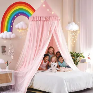 31.5inch Large Dome Bed for Girls, Layer Dreamy Ruffle, Bedroom Tent Kids Reading Nook Canopies,Full Queen Bed (Beige Pink)
