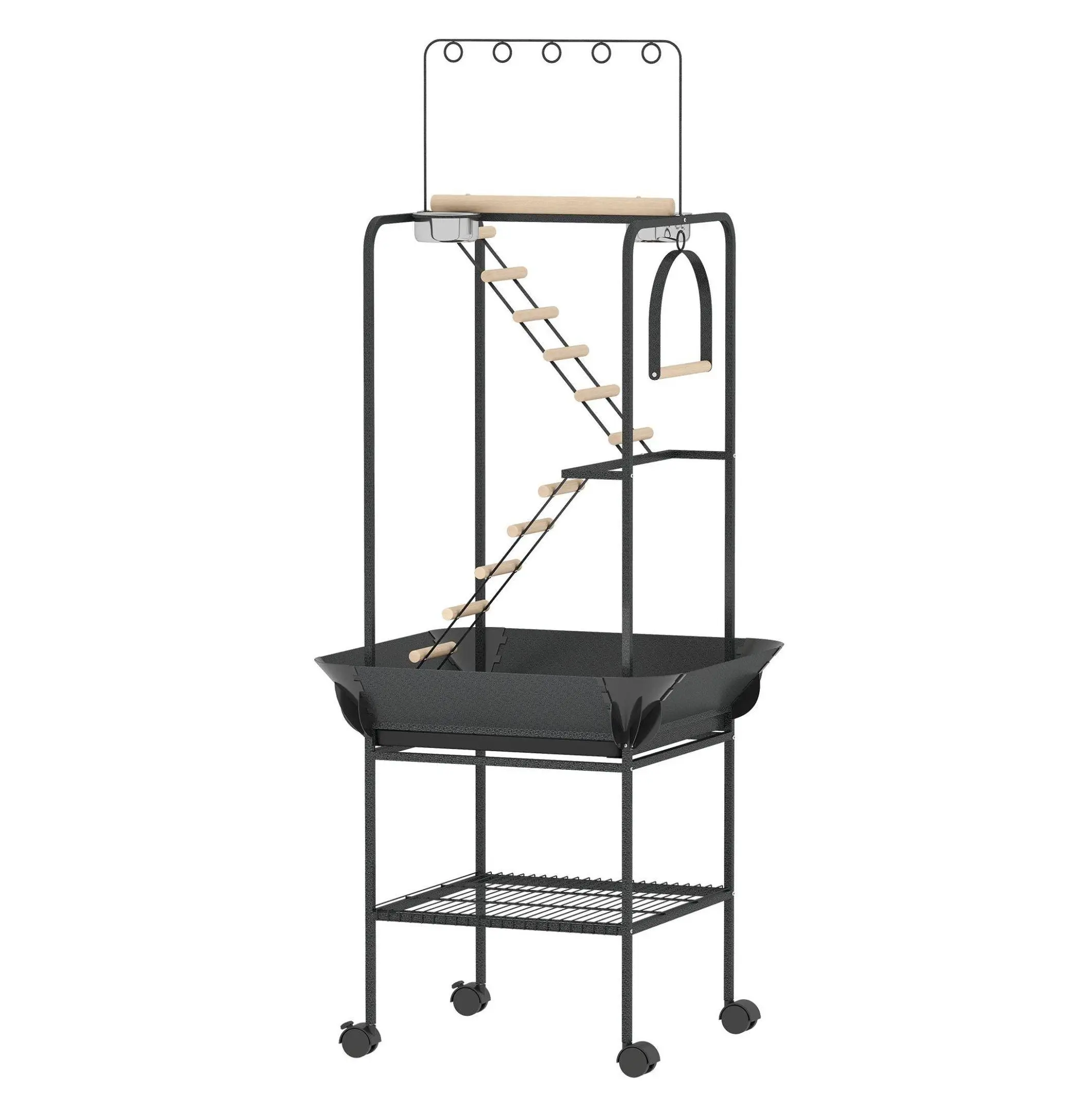 64" Dark Gray Rolling Parrot Playstand with Steel Frame, Rolling Base, Play Gym, Seed Guard, Ladders, Swing, Toy Hooks, Bowls - Easy Cleanup, Mess Control for Parakeet, African Grey
