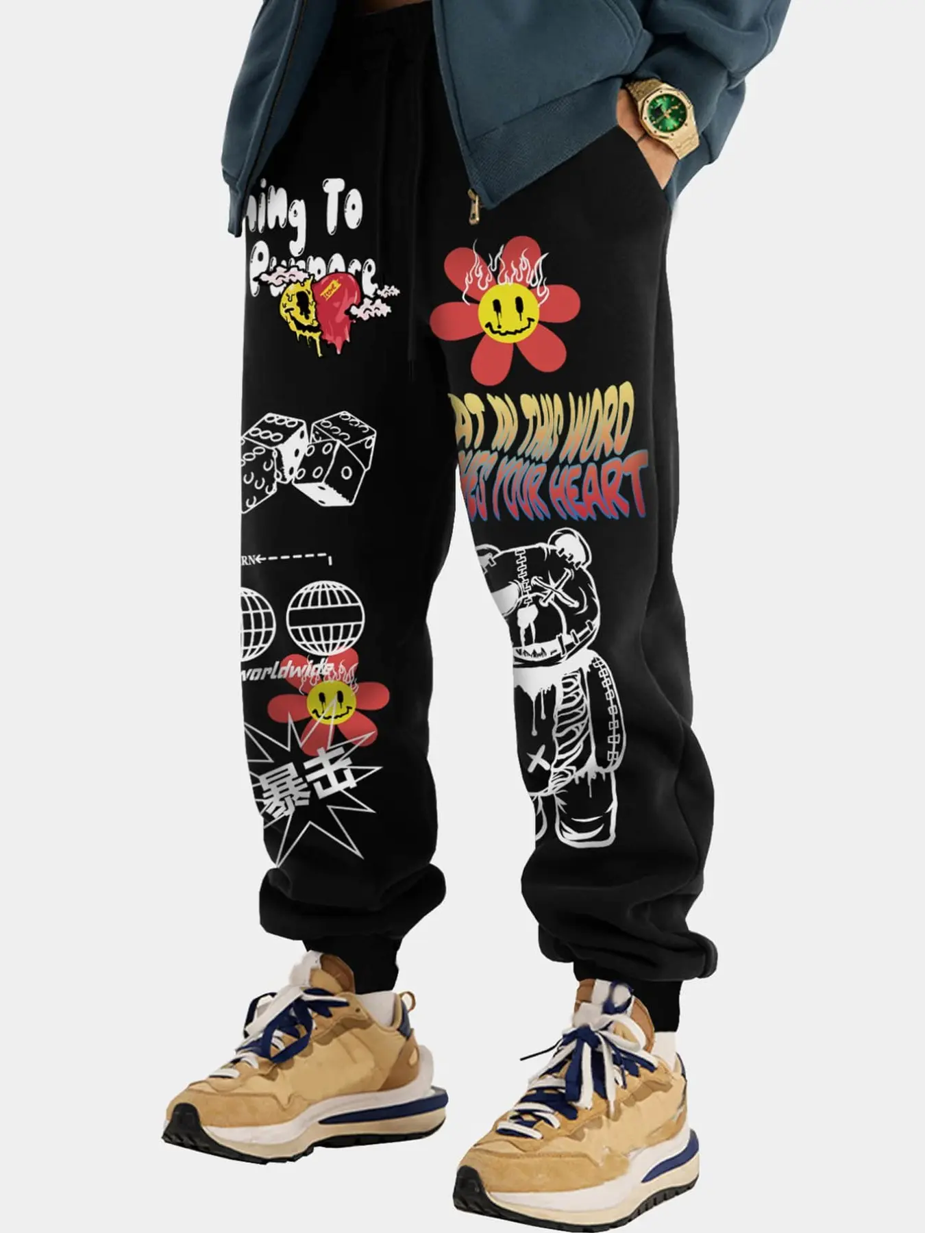 American Street Graffiti Style Cargo Pants, Fun Prints, Gradient Text, Loose Fit, Drawstring Waist, Perfect for Streetwear