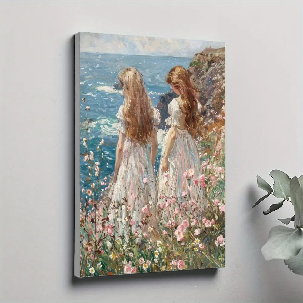Seaside Scene Girl Pattern Wooden Frame Canvas Artwork - Artistic Modern Art Design Print, Home Living Room Wall Decoration, Office Ornament