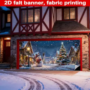 Christmas Garage Banner, Durable Polyester Material, Cute Snowman, Decorated Christmas Tree, Snow-Covered House, Perfect for Garages, Parties, Gifts, Outdoor Banners