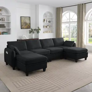 109 Inch Black Chenille Modular Sectional Sofa L-Shaped Cloud Couch with Storage Ottoman DIY Combination for Living Room Modern Eucalyptus Frame 6 Seat Medium-Soft Foam
