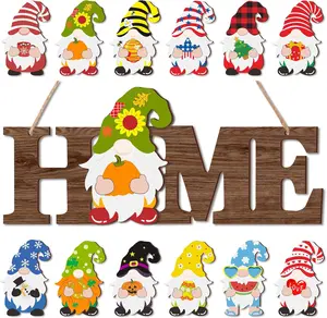 Interchangeable Gnome Home Sign Wood Fall Thanksgiving Door Sign Seasonal Decoration with 12 Changeable Gnomes for Christmas Halloween Home Wall Decor(Dark Brown)