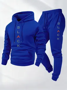 Men's Complete Outfit - Stylish Hooded Sweatshirt & Joggers Set with BLACK Print Gray Casual Streetwear Long Pants Matching Hoodie Perfect for Fall Winter Cozy Clothing Sporty Look Non Stretch Fabric