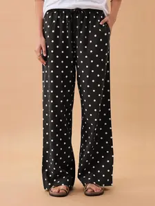 Women's Satin Polka Dot Wide Leg Pants, Casual Loose Fit Drawstring Waist, Beach Travel Vacation Straight Leg Pockets