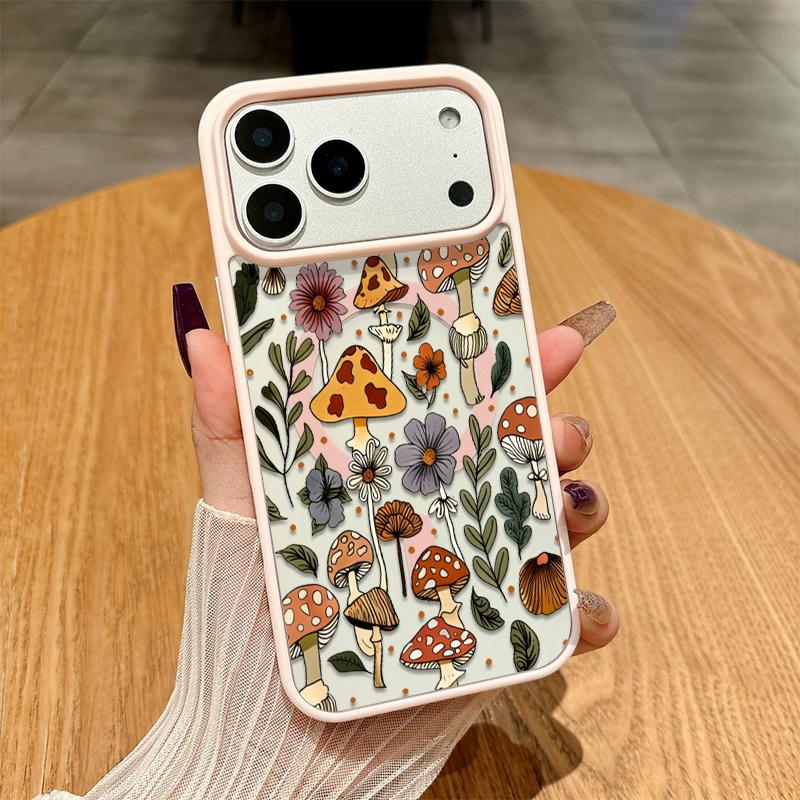 Mushroom & Wildflower Print Phone Case  Add A Touch Of Forest Charm & Playful Warmth To Your Daily Device Featuring Built-In Strong Magnet Ring Blending Smooth Macaron Texture With Secure Magsafe Compatibility For iPhone 17 16 15 14 13 12 11 X XS