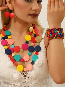 Multicolor Three-Layer Round Wood Bead Necklace Earrings Bracelet Set, Casual Style, All Seasons, Choking Hazard Warning, Metal Chain Material