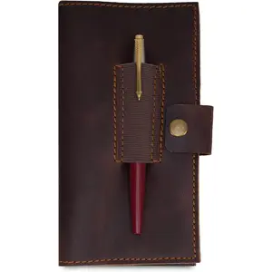 Distressed Leather Checkbook Cover with Pen Holder, Executive Leather Checkbook Wallet for Men Women Slim Vintage Bifold Checkbook Register Organizer for Personal Business Use (Brown)