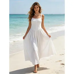 Women's Lightweight Slim Fit Waist Cinch Flowy Hem Breathable Cotton Blend Soft Skin-Friendly Long Dress, Versatile Comfortable Fabric Casual Summer Vacation Romantic Outfit