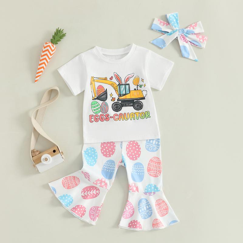 Girls Easter Outfit 6 9 12 18 24Months 2t 3t 4t Short Sleeve Tractor Print T-shirt with Eggs Print Flare Pants and Headband Summer Outfit