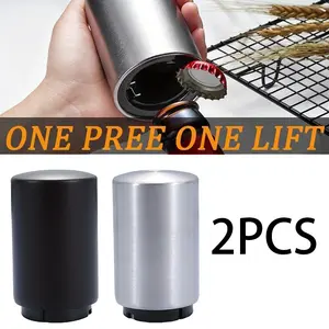 2Pcs Premium Beer Bottle Opener (Silver&Black), Stainless Steel Push Pull Cap Catcher, Metal Reflective Design, Automatic Beer Opener for Easy Use to Bar,Parties, Picnic Camping. Unique Gift Utensils