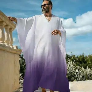 Men's Purple Ombre V-Neck Pullover Flowy Summer Kaftan Long Robe, Gradient Lavender to Violet Print Lightweight Beach Cover Up, Breathable Short Sleeve Resort Lounge Sleep Shirt for Men