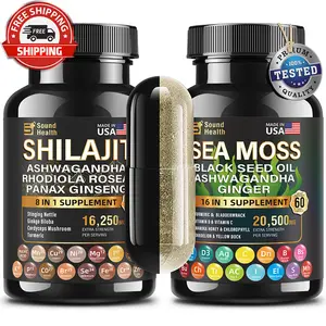 Wild Organic Sea Moss and Shilajit Bundle - 8000mg Sea Moss, 10000mg Shilajit, Ashwagandha 2000mg, Ginseng, Vitamin C, Vitamin D3, Black Seed Oil - 2 Bottles of 60 Capsules Each beneficios  ashwagandha