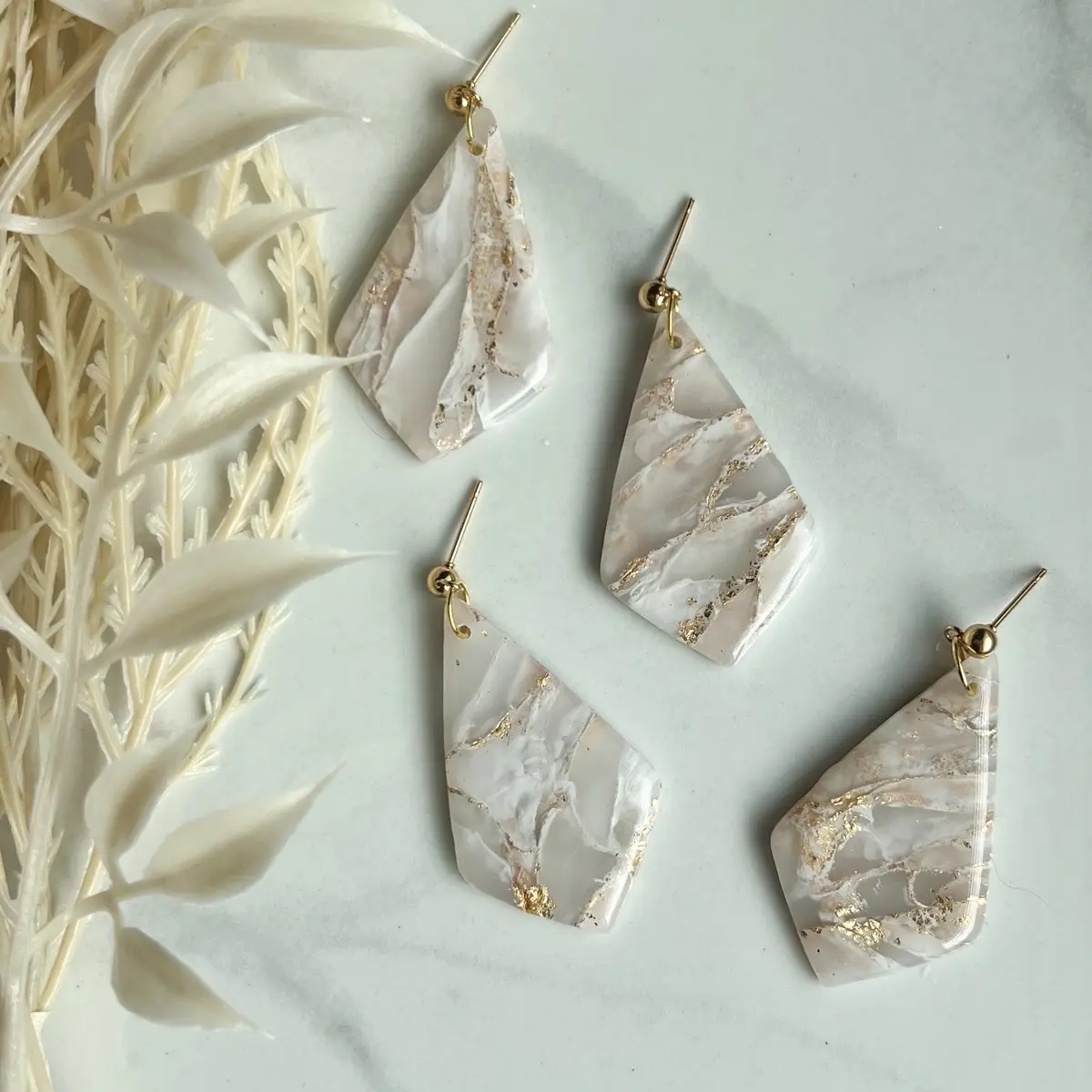 White and Gold Marble Diamond Dangle - Earrings