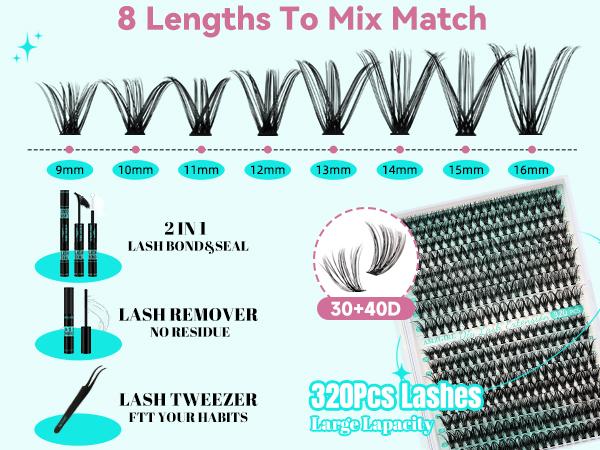 【Buy One Get One Free】AMZGIRL LASH 320 Clusters DIY Cluster Lash Extension Kit - Waterproof, Bond & Seal, 30D+40D Eyelashes, Makeup Cosmetic