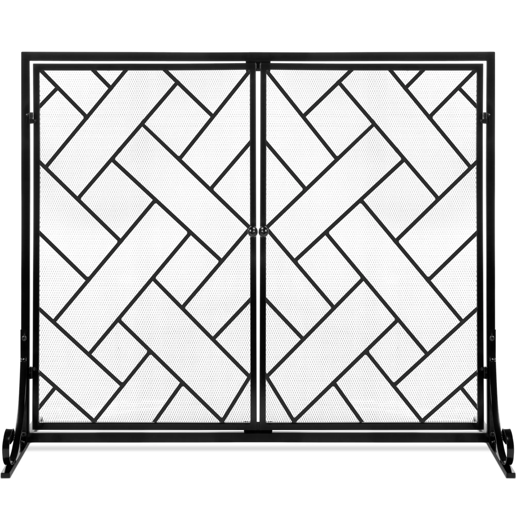 Best Choice Products 44x33in 2-Panel Handcrafted Wrought Iron Geometric Fireplace Screen w/ Magnetic Doors