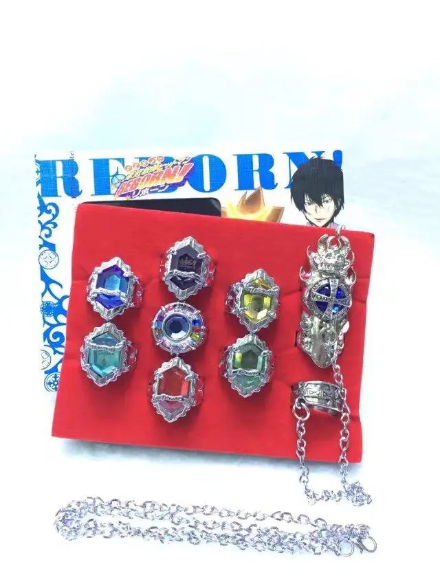 Katekyo Hitman Reborn Vongola Family Ring Set 8Pcs Anime Collectible Rings With Matching Chain Cosplay Jewelry Gift For Anime Fans