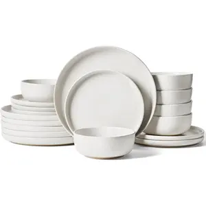 Famiware Milkyway Plates and Bowls Sets, 18 Pieces Dinnerware Sets, Reactive Glaze Dish Set, Stoneware Dishes Set for 6, Matte White famiware