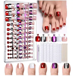 6 Colors Short Square Press On Toe Nails, French Tip & Cat Eye Glossy Fake Toe Nails, Reusable Artificial Toe Nail Decorations for Women Girls DIY Nail Art