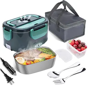 2-in-1 Electric Lunch Box Heater for Car/Truck/Home/Work – Leak Proof, 4 Removable Stainless Steel Containers, 110V/12V/24V 60W Tableware