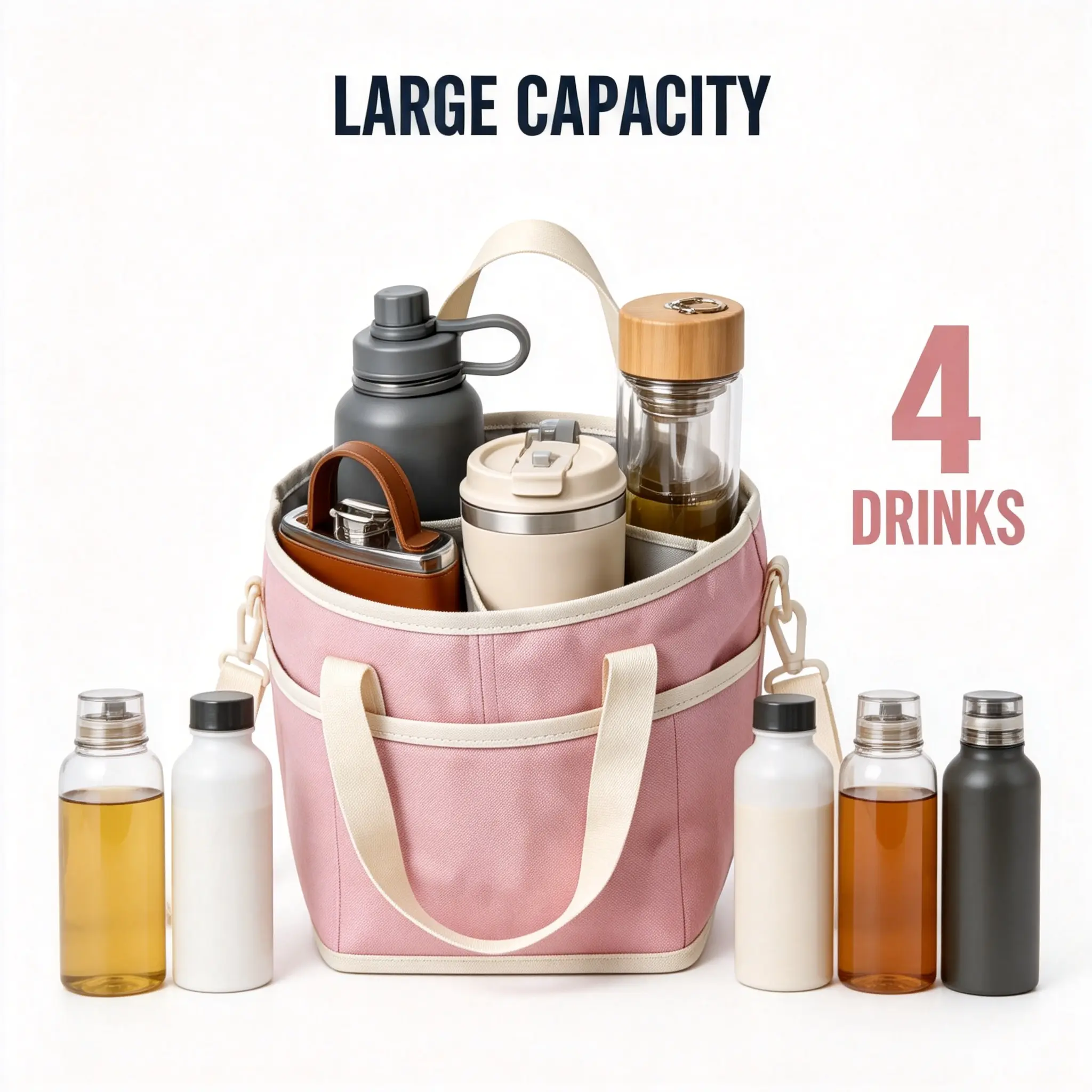 Water Bottle Tote Bag - Waterproof Washable Oxford Fabric Carrier with Adjustable Strap, Multiple Compartments, Large Capacity Organizer for Tumbler, Glass Beverage for Gym, Travel
