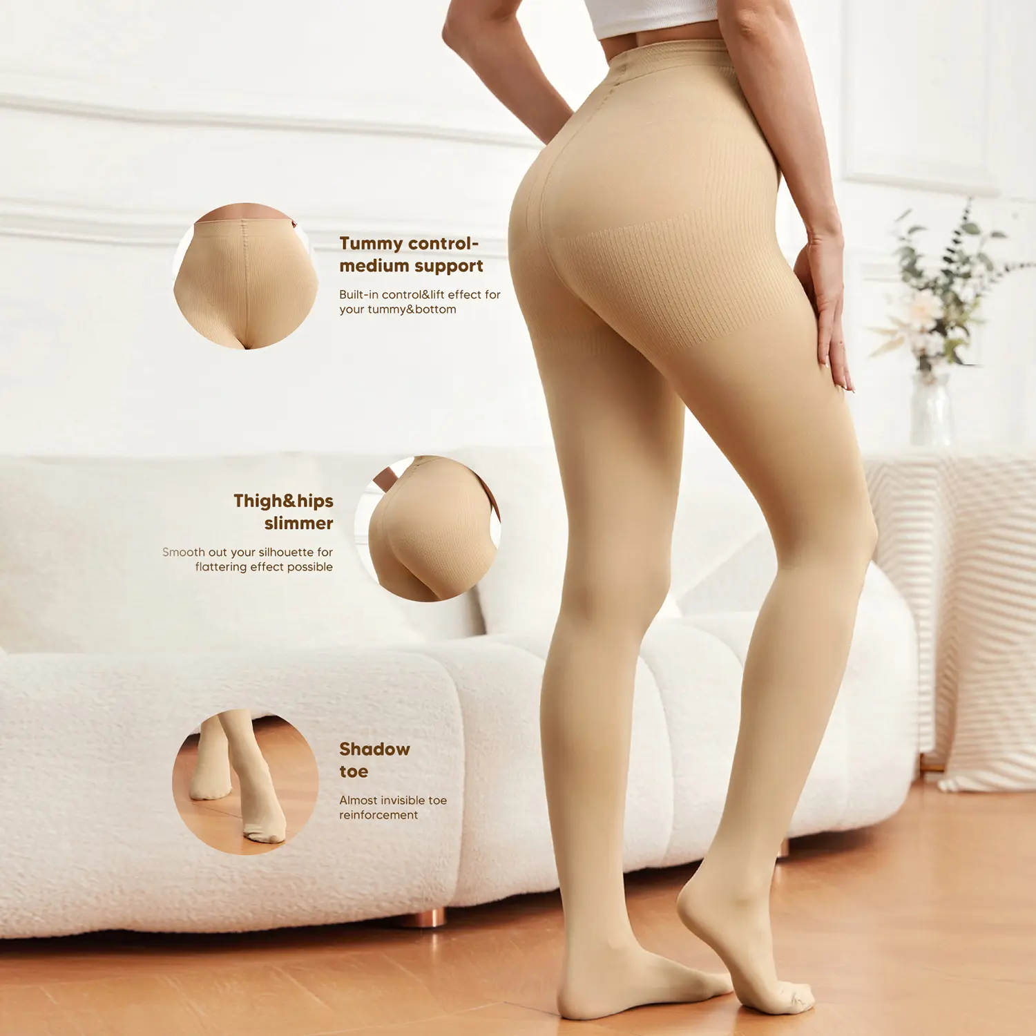 Women's Comfortable Compression Shapewear Tights - Lady's Control Top Pantyhose for Snatched Waist, Smooth Silky Opaque Leg Coverage, Targeted Ribbed Shaping & Butt Lift, No Sagging/Rolling, All-Day Wear & Gym Use