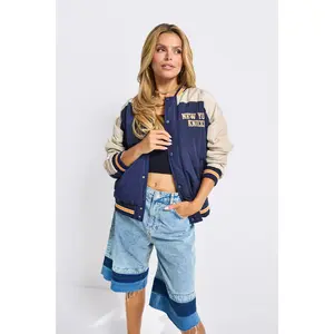 Unisex NY New York Knicks Bomber Jacket in Navy and Taupe