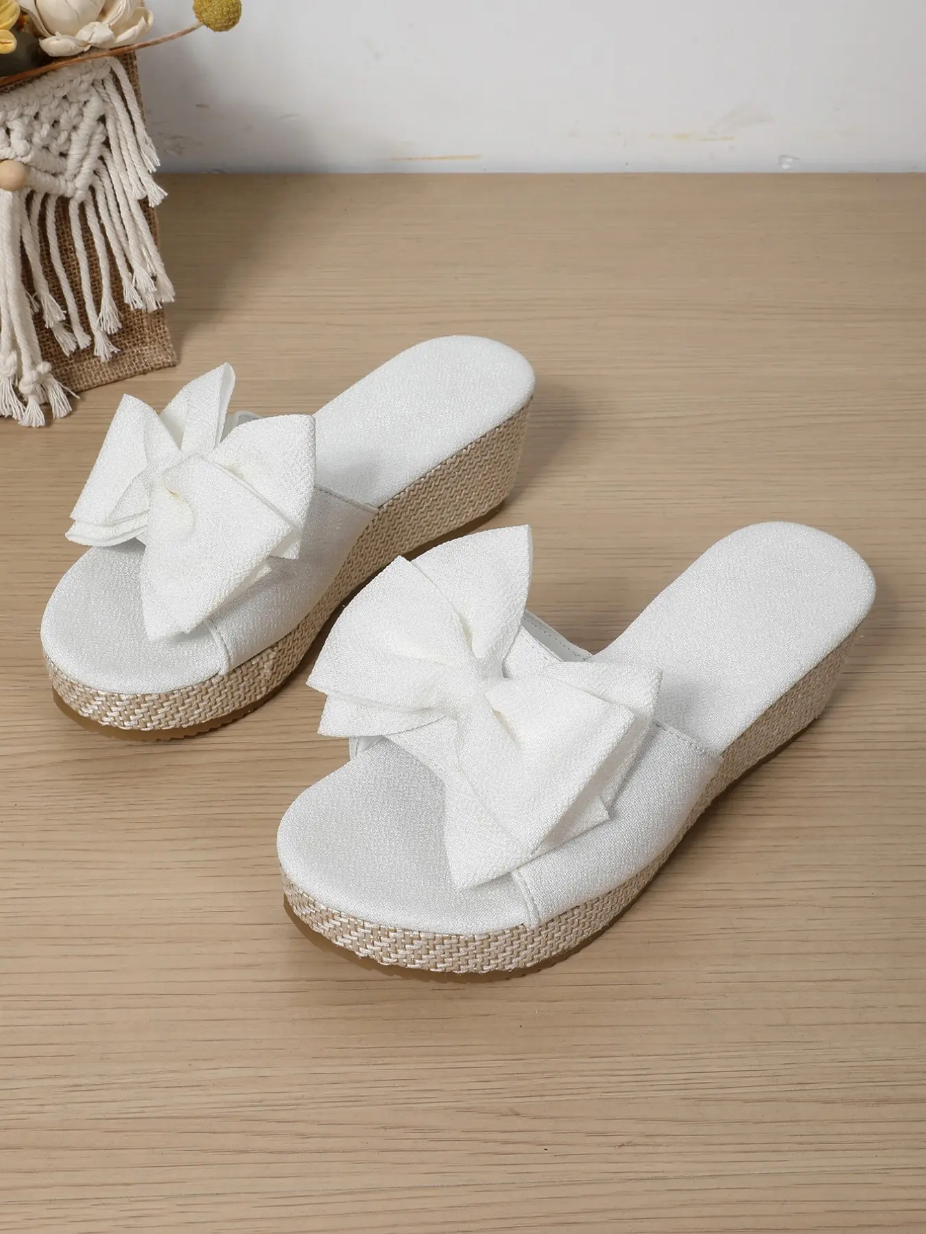 Women's Thick Sole Wedge Sandals, Butterfly Knot Floral Decor, Open Toe Flat Comfortable Shoes, Plain Color Casual Slip-Ons, Trending Elevated Sandals, Boho Sandals