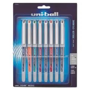 Uni-Ball UBC 0.7 mm Fine Assorted Ink Silver Barrel VISION Needle Stick Roller Ball Pen - Set of 8
