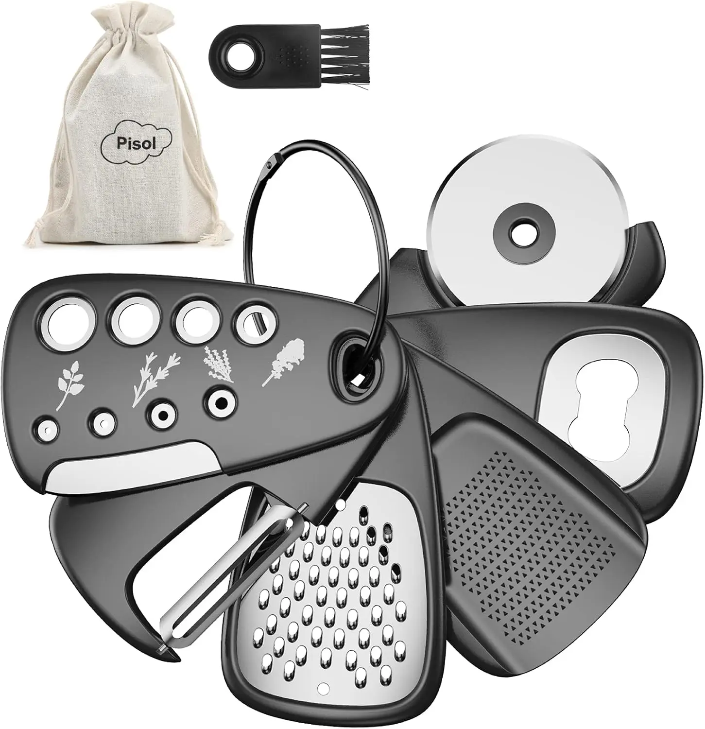 6-Piece Kitchen Gadget Set – Stackable Space Saving Cooking Tools with Cheese Grater, Peeler, Pizza Cutter, Bottle Opener & Herb Stripper (5.2 x 3.15 Inches)