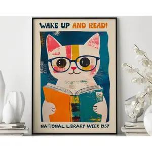 Cat Reading Poster, Wake Up and Read, National Library Wall Art, Cute Cat Print, Wall Decor, Reading Art Print
