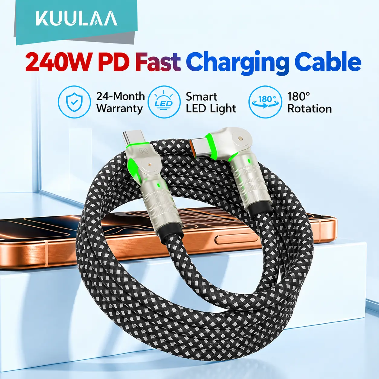 KUULAA Braided USB C to USB C Braided Cable - 3ft/6ft/10ft 240W 180°Rotating Fast Charging Cord for Cellphone, Smartphone, iPhone 16 Series, MacBook Air, iPad Pro, Pixel, Samsung Galaxy S23/S24 Ultra - Electronic Fast Charging Adapters & Cables