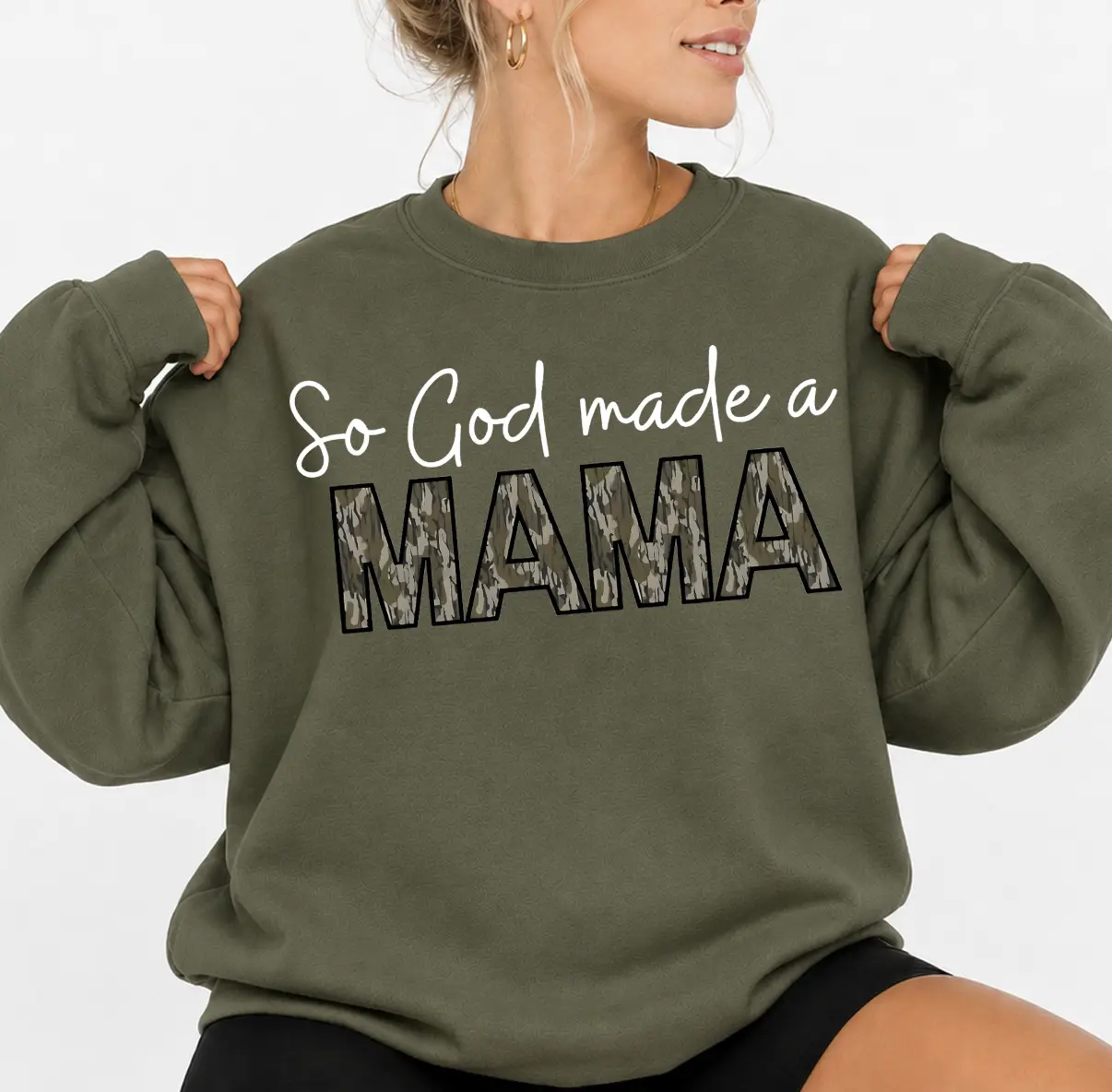 "So God Made A Mama" Camouflage Women's Pullover Sweatshirt - Outdoors Baggy Unisex Crewneck Pullover, Camo Mom Gifts, Classic, Digital Print, Baggy Camouflage Women's Pullover Sweatshirts, Camo Oversized Women's Pullover Sweatshirts