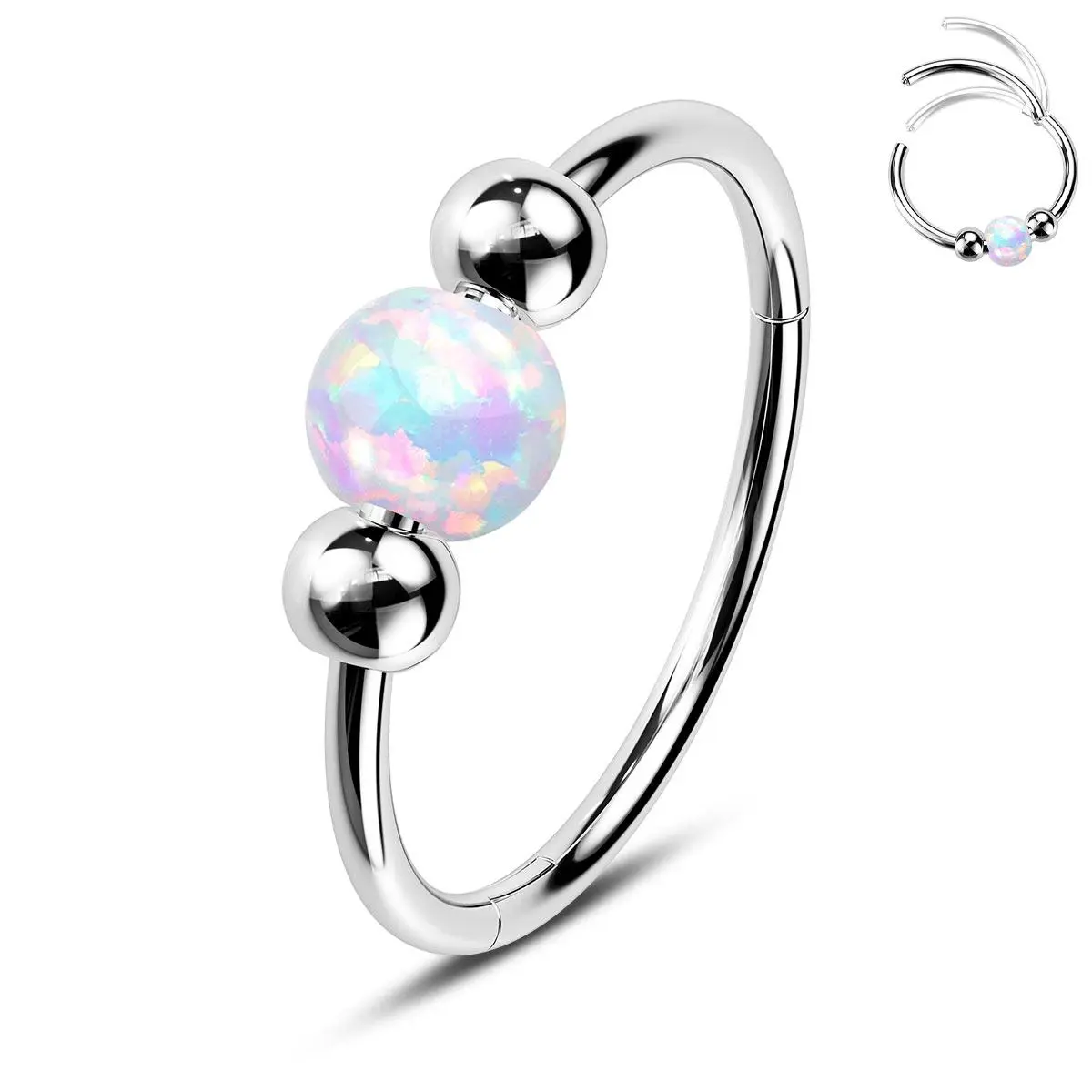 OUFER 20G Opal Ball Hinged Segment Hoop, 316L Stainless Steel Cartilage Earring for Helix, Tragus, Nostril Piercings