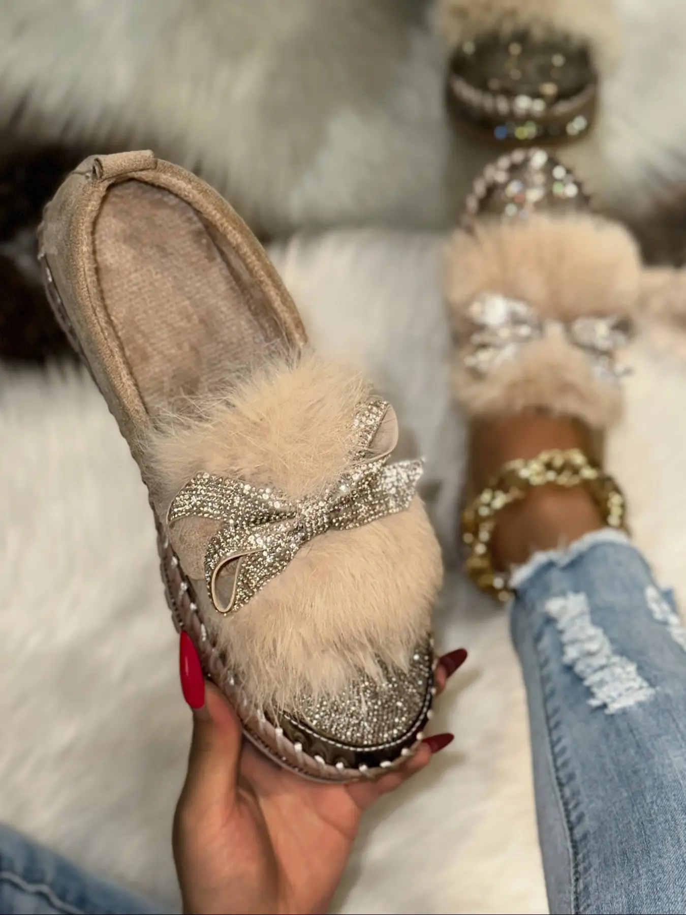 Women's Thick Sole Loafers with Rhinestone Butterfly Decoration, Textile Upper, Rubber Sole, Casual Outdoor Slip-On Walking Shoes, Butterfly Decorated Loafers
