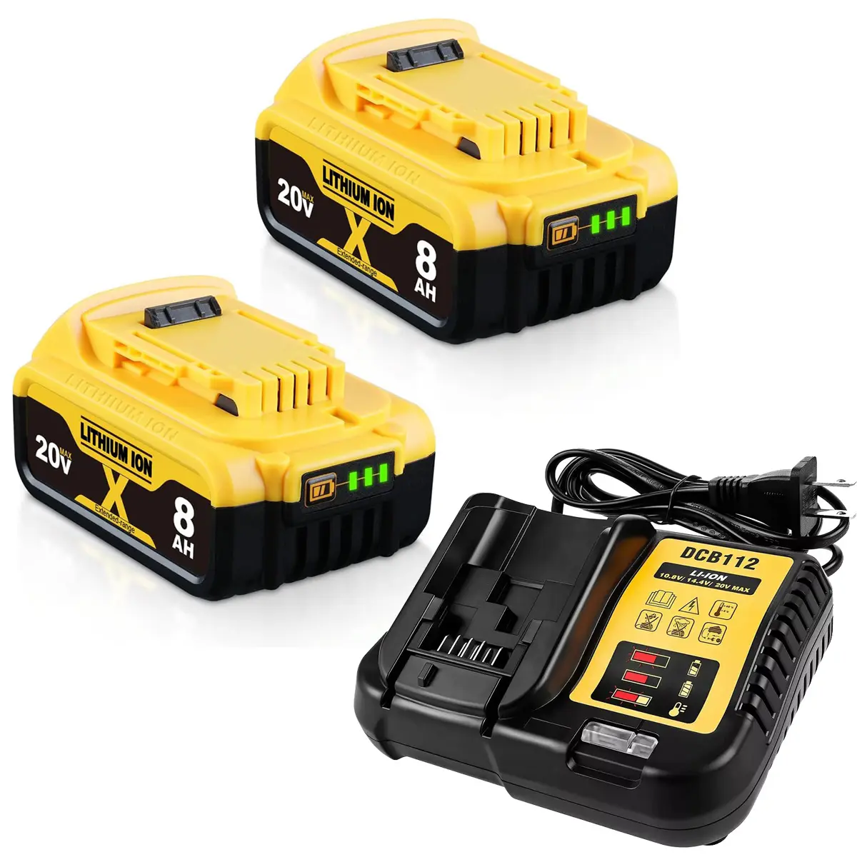 2-Pack 8.0Ah Lithium Ion Battery & Charger Combo for Dewalt 20V MAX, DCB102 Charger, DCB206/DCB200/DCB205 Series Cordless Tools, with Over-Current Protection