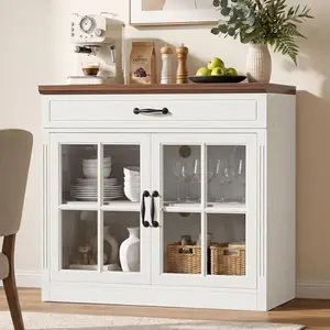HAUOMS Modern Farmhouse Coffee Bar Cabinet with Glass Doors and Drawer, 31.5" Small Sideboard Buffet with 3-Level Adjustable Shelf, Entryway Storage Console for Kitchen Living Room