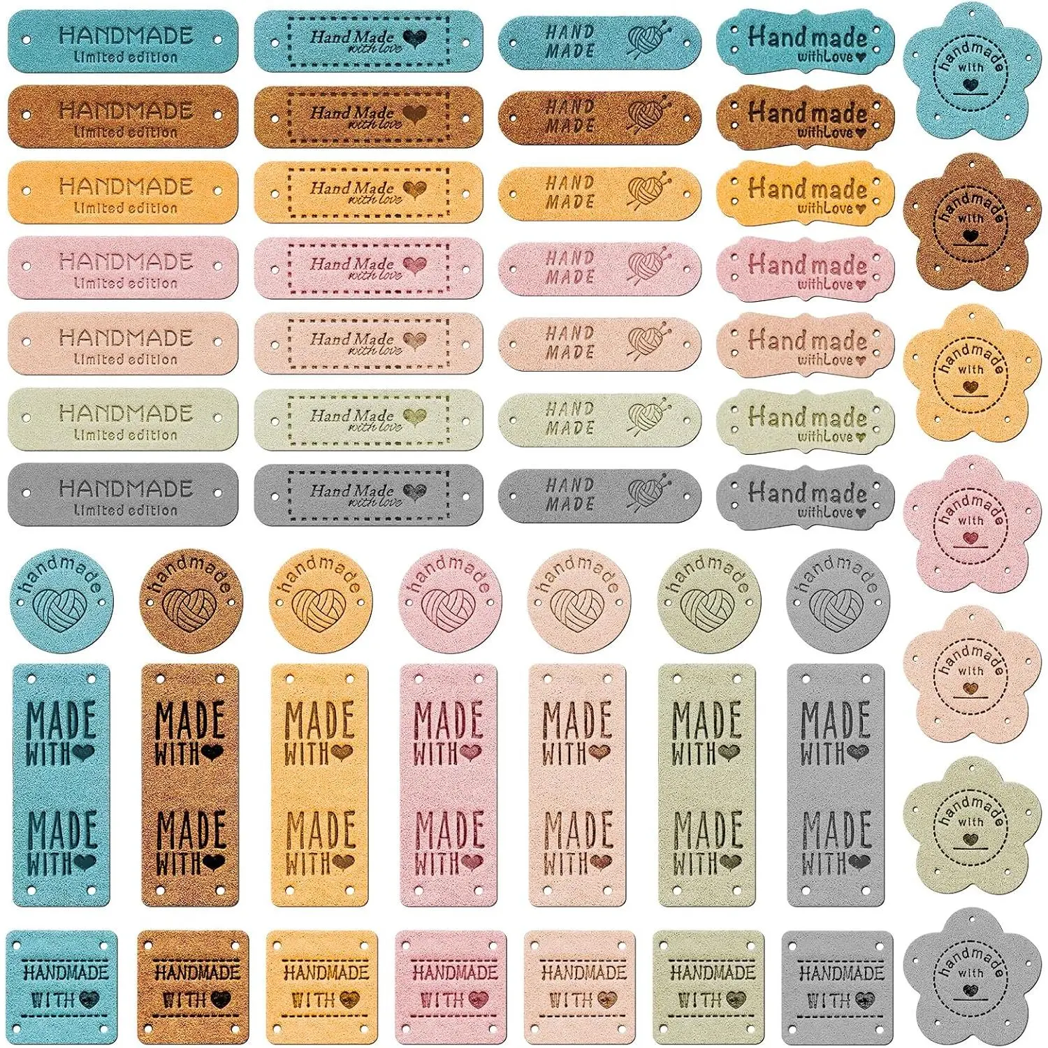 Leather Labels, 56 count  Leather Labels for Crochet, Artificial Colorful Leather Labels with Love Hearts for  Items Embossed Sew on Tag Crochet Knit DIY Jeans Bags Shoes Hat