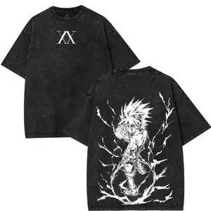 valentine shirts Hunter x hunter HXH Killua Zoldyck Anime Manga Game Double Printed Acid Washed Tee Menswear graphic tee Top Distressed,fathersdaygift