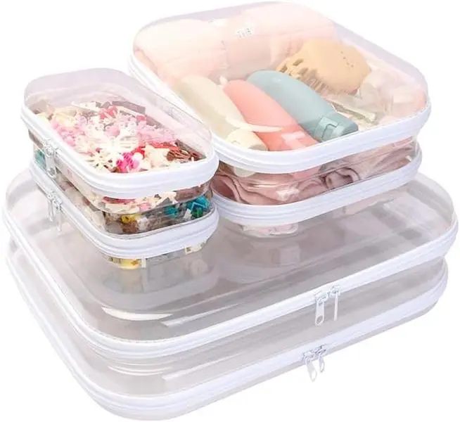 6PCS  Clear Hard Shell Zipper Case, Clear Zipper Pouches Waterproof Makeup Organizer & Toy Storage Bag, Plastic Pouch for Travel, Office, Home, White,3 Pack, LMS