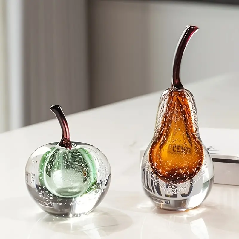 Hand Blown Bubble Glass Apple & Pear Sculpture Minimalist Tabletop Decor Luxury Clear Glass Fruit Ornament for Living Room Bedroom Office Desktop Aesthetic Home Decor Gift for Housewarming