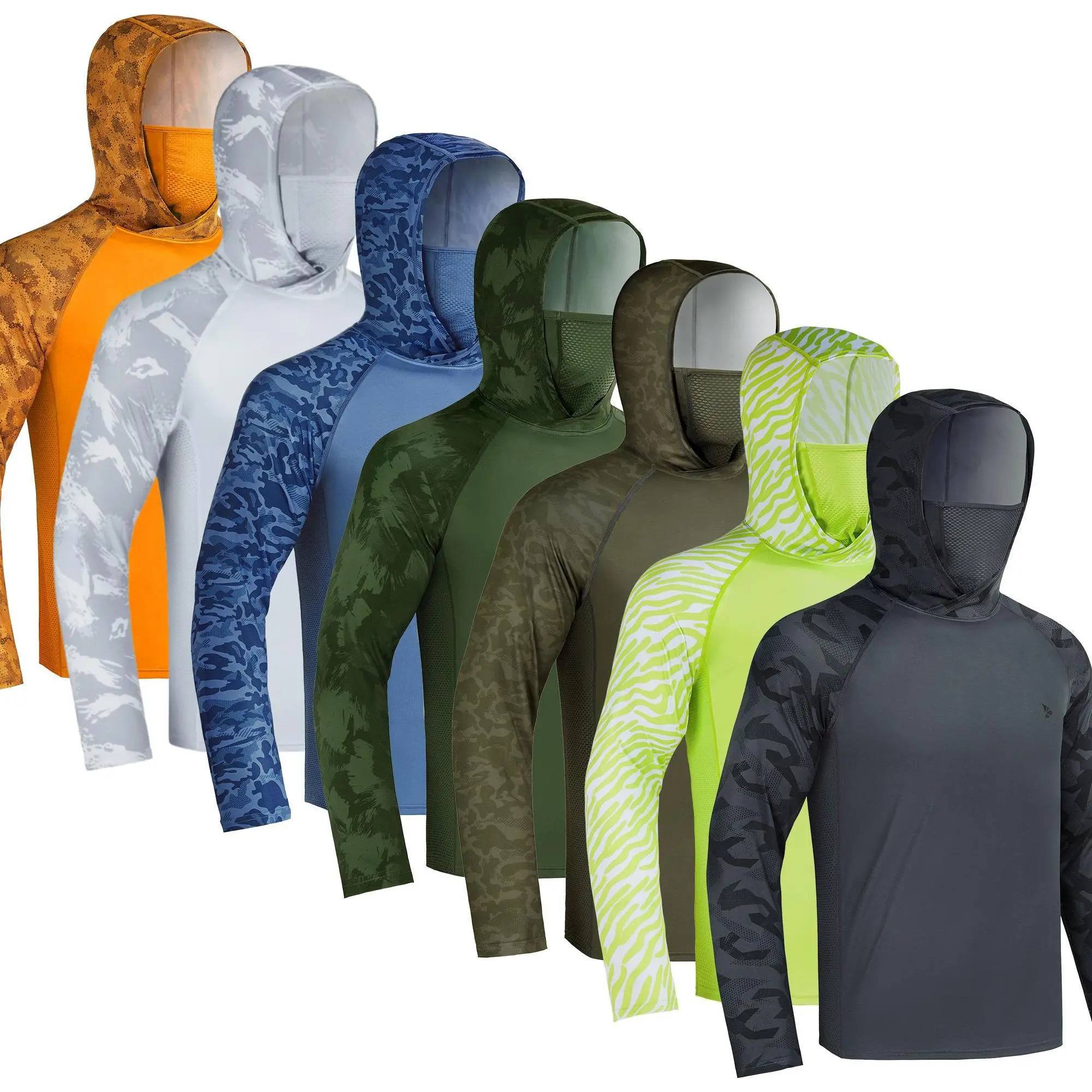 RODEEL 915 Sun Hoodie Shirts w/ Mask Neck Gaiter Men UPF 50+ UV Protection Long Sleeve Lightweight Quick Dry Moisture Wicking Breathable Cooling Athletic Activewear for Outdoor Fishing Boating Hiking Cycling Roofing Construction Tree Service summervibes