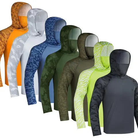 RODEEL 915 Men's UPF 50+ Hooded Neck Sun Hoodies with Face Mask Neck Gaiter, Long Sleeve UV Protection Male Clothing, Lightweight Quick Dry Moisture Wicking Breathable Sports Tops for Fishing, Hiking