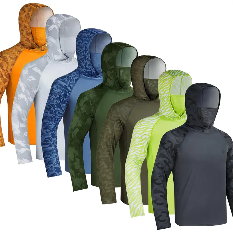 RODEEL 915 Men's UPF 50+ Hooded Neck Sun Hoodies with Face Mask Neck Gaiter, Long Sleeve UV Protection Male Clothing, Lightweight Quick Dry Moisture Wicking Breathable Sports Tops for Fishing, Hiking