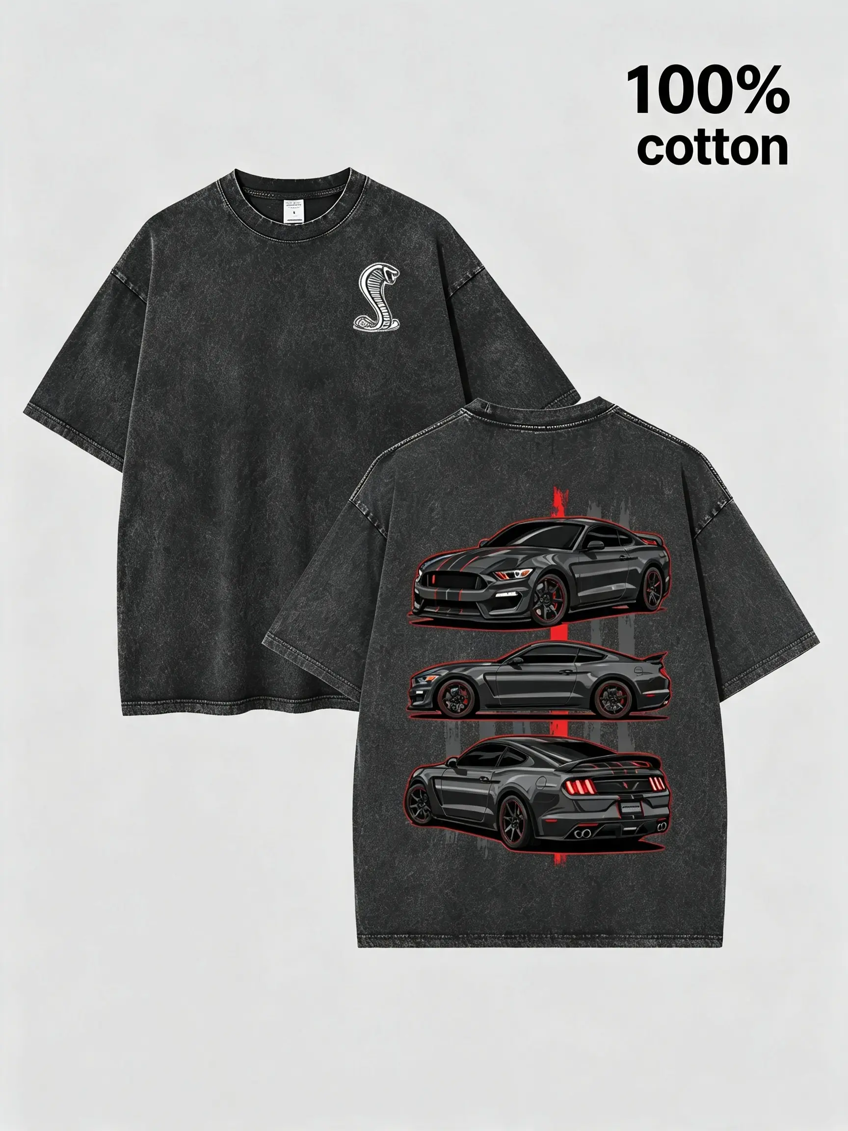 Ford Mustang Shelby Cobra Graphic Tee Men Vintage Washed Heavyweight T-Shirt,Retro Muscle Car Print Shirt, Y2K Streetwear Graphic Tee, Heavyweight Casual Summer Top, Auto Lover Gift, Classic American Vintage Style