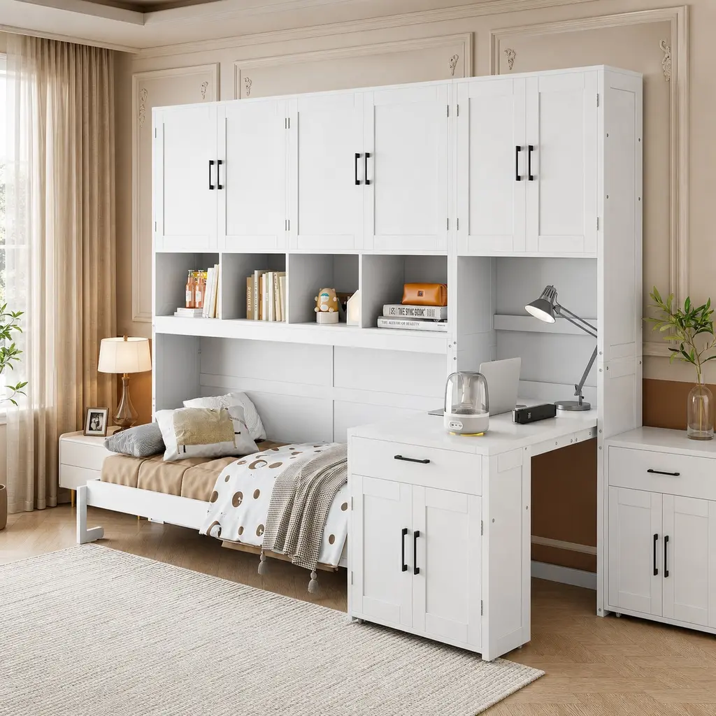 Twin Size Murphy Bed Wall Bed with Closet Drawers Desk White MDF+LVL Space Saving Fold Down Bed with Storage Shelf Wardrobe and Drawers for Bedroom Guest Room Home Office, Twin Size Options, White Color Options, MDF+LVL Material